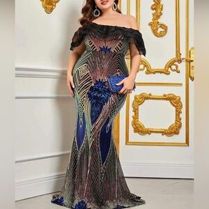 Faeriesty Plus Off Shoulder Ruffle Trim Sequin Mermaid Dress Gown